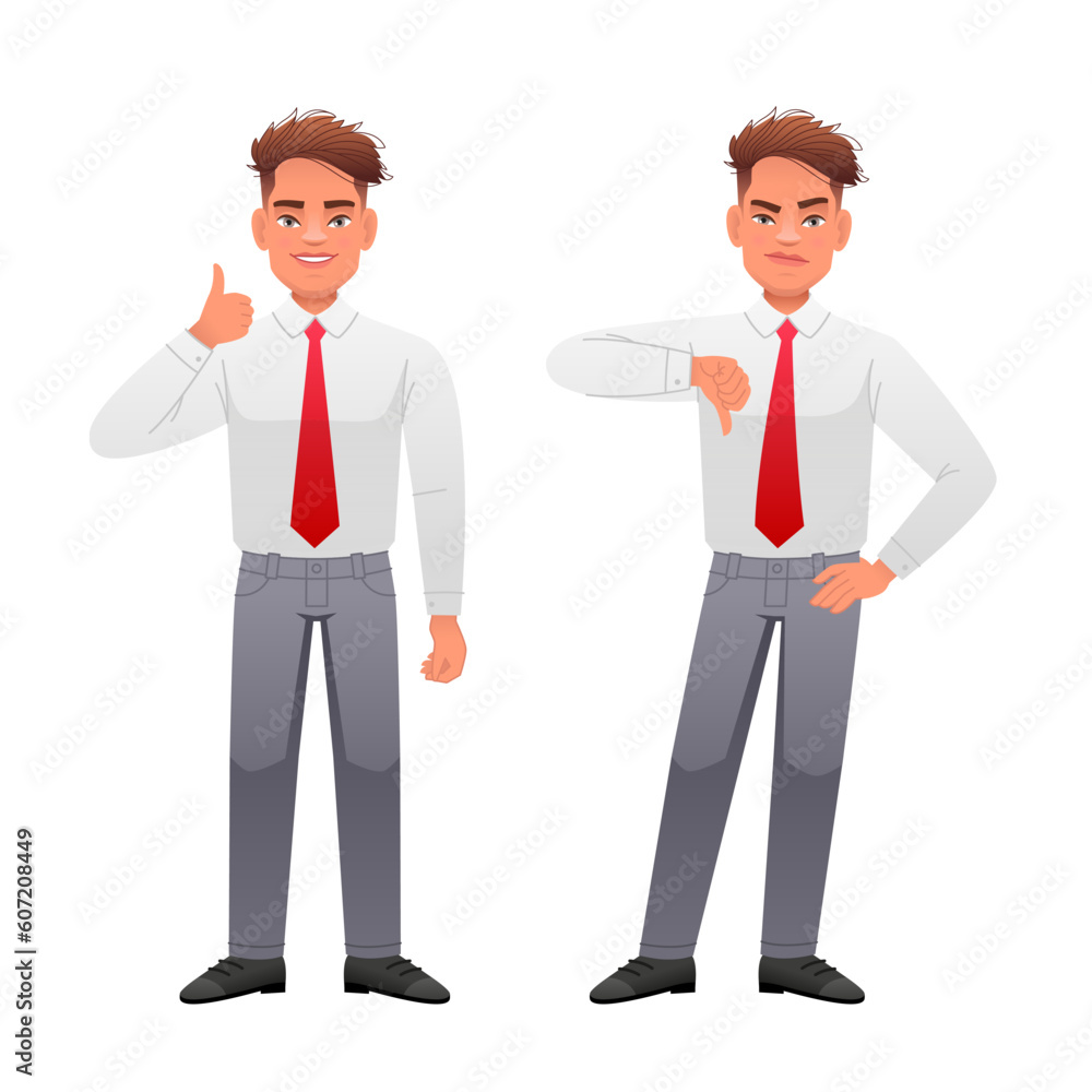 A young businessman shows a gesture of approval and disapproval. Likes and dislikes. Good and bad. A young businessman shows a gesture of approval and disapproval. Likes and dislikes. Good and bad.