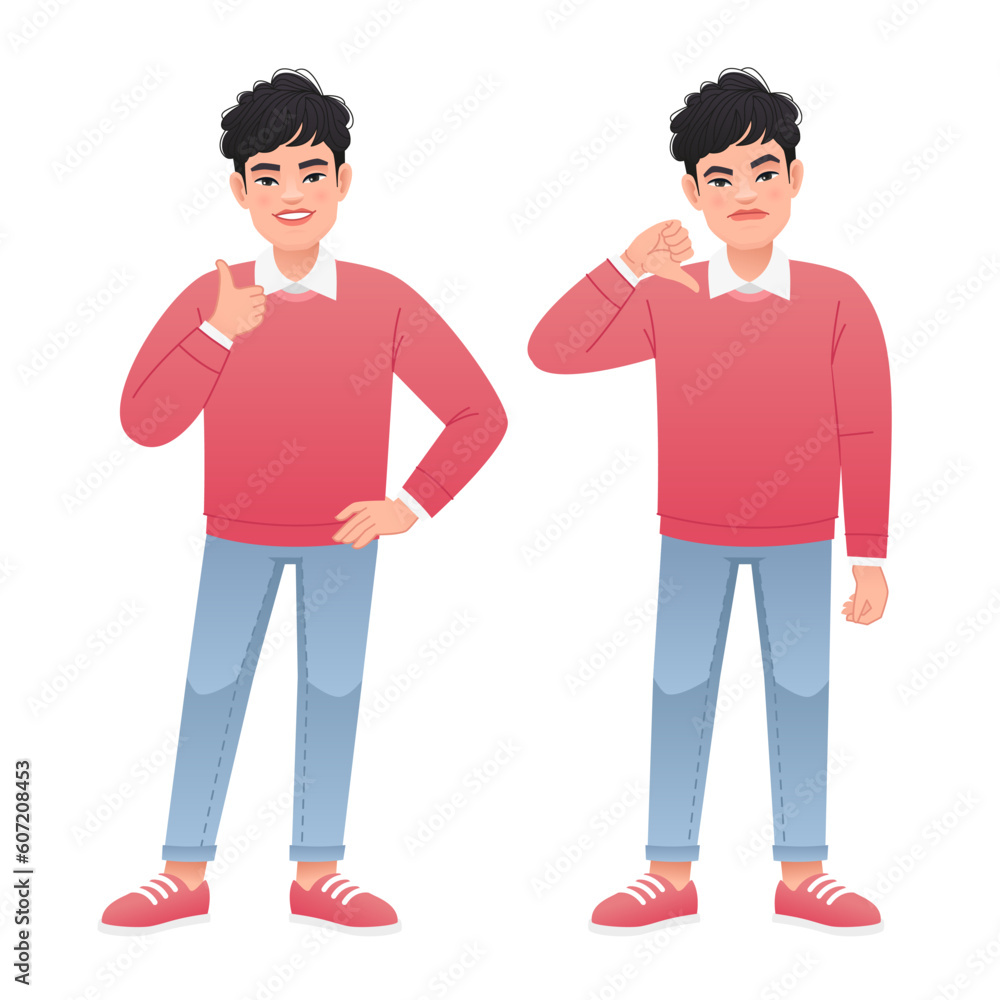 The young man shows a gesture of approval and disapproval. Likes and dislikes. Good and bad.