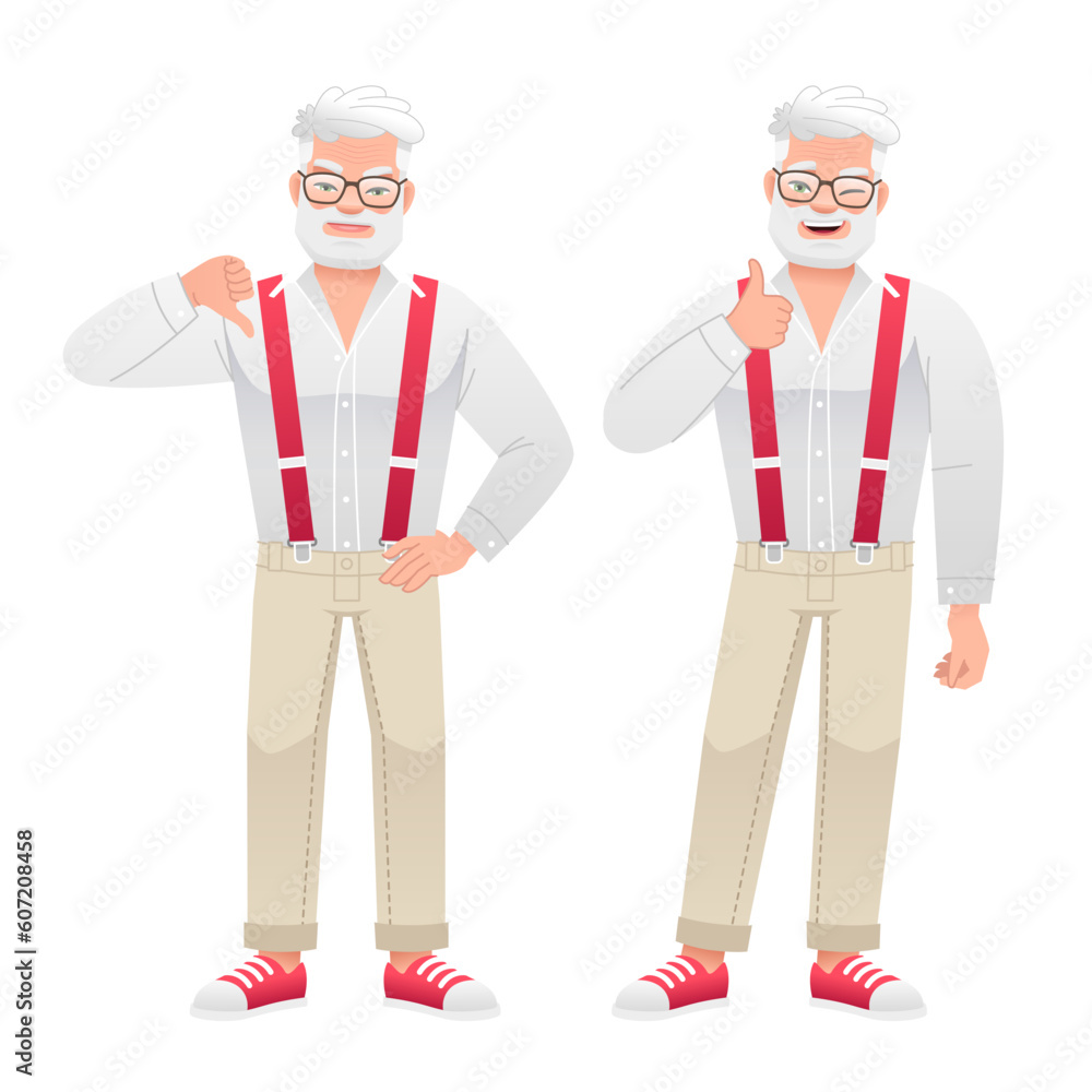 An elderly gray-haired man with glasses shows a gesture of approval and disapproval. Likes and dislikes. Good and bad. An elderly gray-haired man with glasses shows a gesture of approval and disapproval. Likes and dislikes. Good and bad.