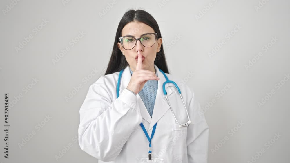 Young hispanic woman doctor asking for silent over isolated white background Young hispanic woman doctor asking for silent over isolated white background
