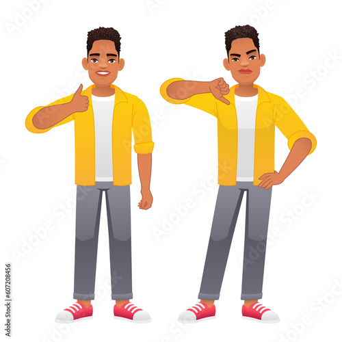 A black African man shows a gesture of approval and disapproval. Good and bad. Likes and dislikes.