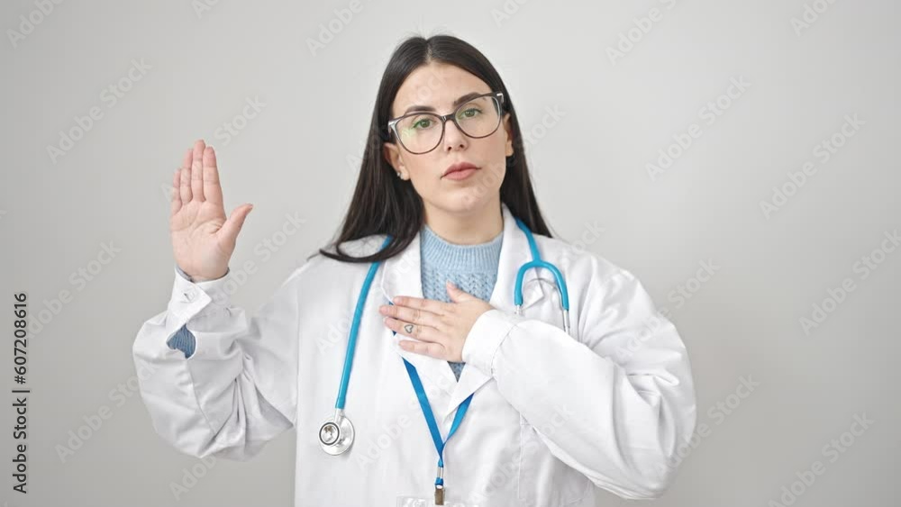 Young hispanic woman doctor making an oath with hand on chest over isolated white background Young hispanic woman doctor making an oath with hand on chest over isolated white background
