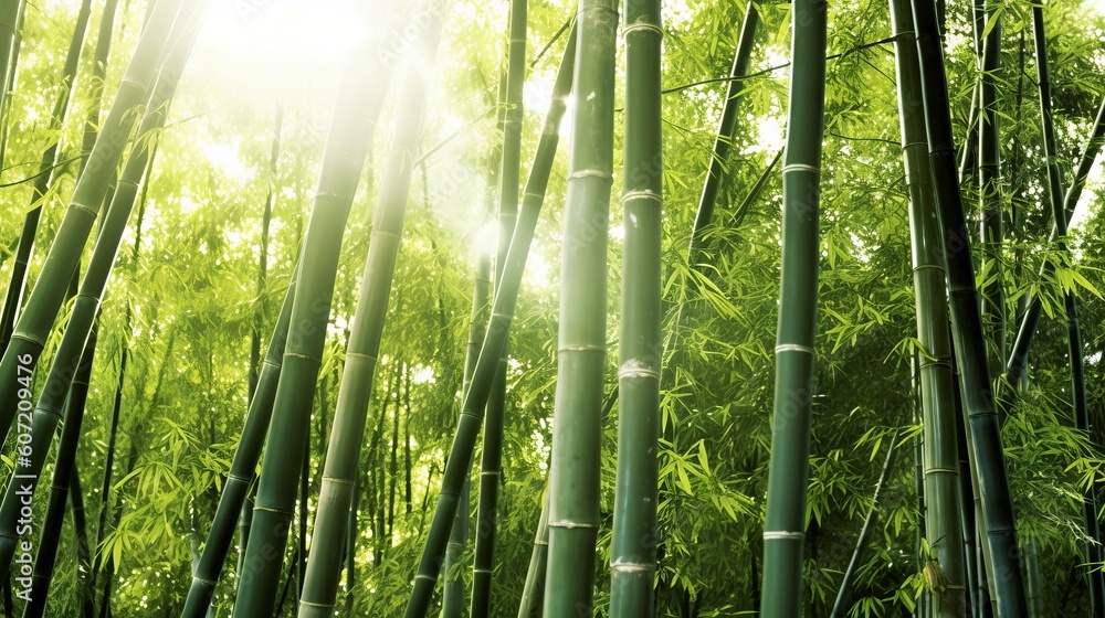 A serene bamboo forest with sun rays shining through. Generative AI