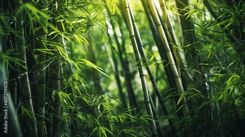 A serene and lush bamboo forest with tall green stalks and leaves. Generative AI