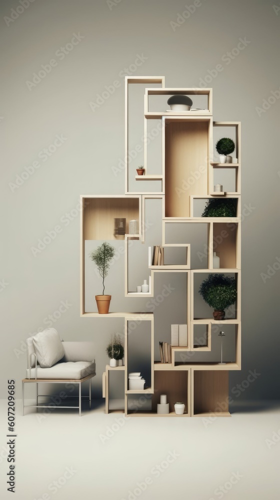 home shelving with an unique collection of boxes containing a variety of plants, pots and other home decorations. Made with the highest quality generative AI tools home shelving with an unique collection of boxes containing a variety of plants, pots and other home decorations. Made with the highest quality generative AI tools