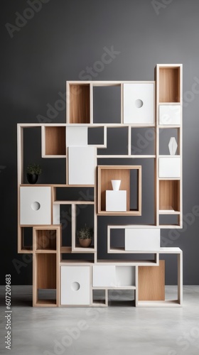 home shelving with an unique collection of boxes containing a variety of plants, pots and other home decorations. Made with the highest quality generative AI tools 