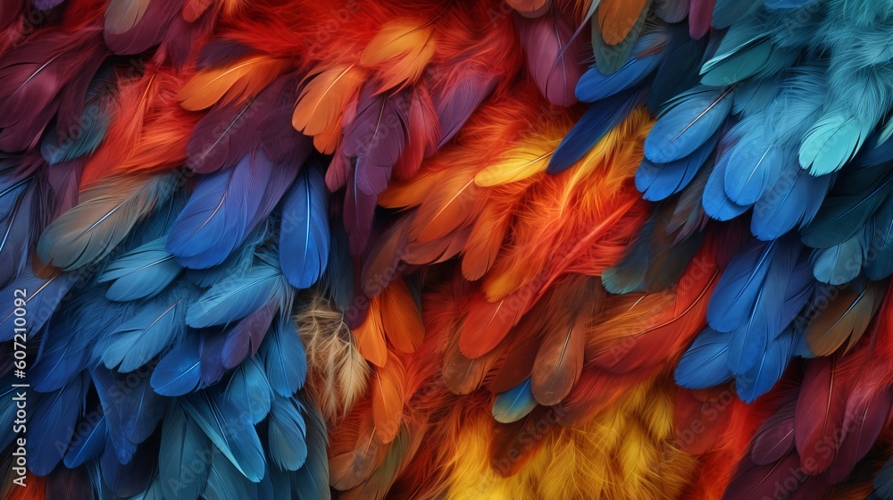Obraz premium Multicolored bird feathers with intricate patterns. Generative AI
