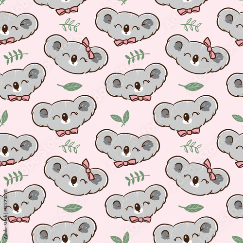 Photography Seamless Pattern with Cartoon Koala Face and Leaf Design on Pink Background