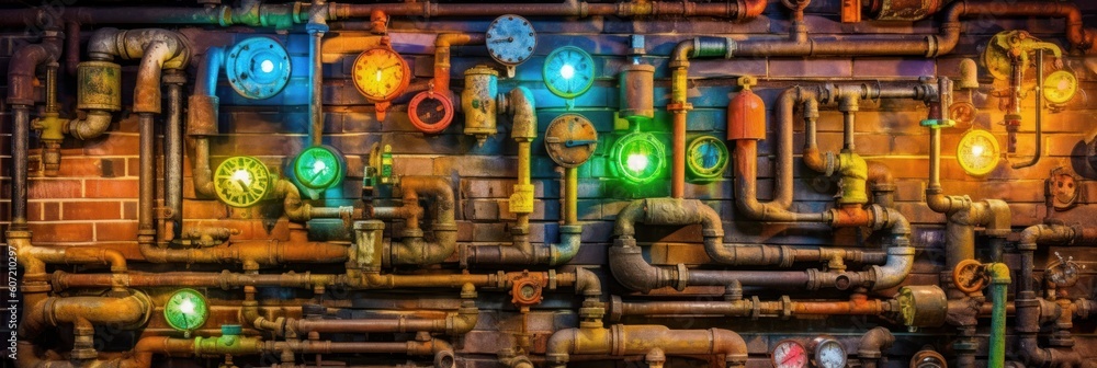 A steampunk illustration with gears, pipes, lights and steam. Generative AI	
