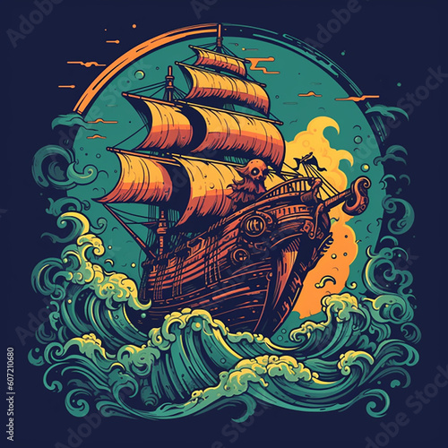 pirate ship in the sea wallpaper background design sticker- Generative AI