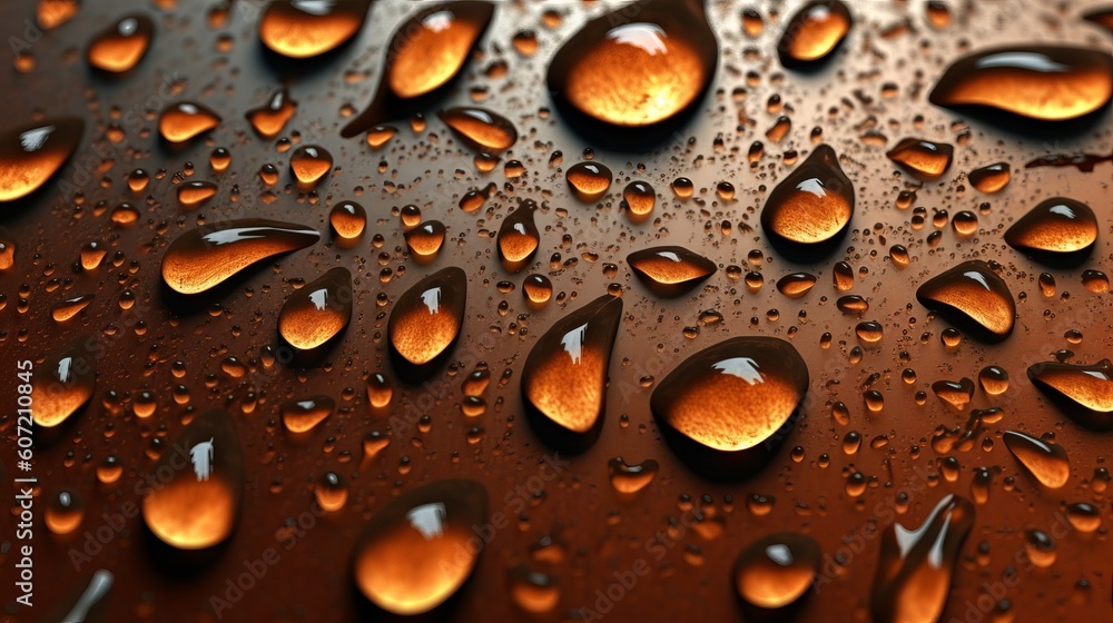 Water droplets close-up on a surface with a reflective effect. Generative AI Water droplets close-up on a surface with a reflective effect. Generative AI