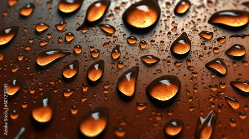 Water droplets close-up on a surface with a reflective effect. Generative AI