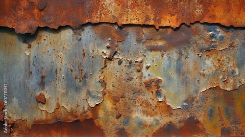 A weathered and worn rusted metal surface with peeling paint texture. Generative AI