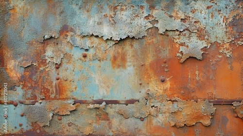 A weathered and distressed metal surface with chipped paint. Generative AI