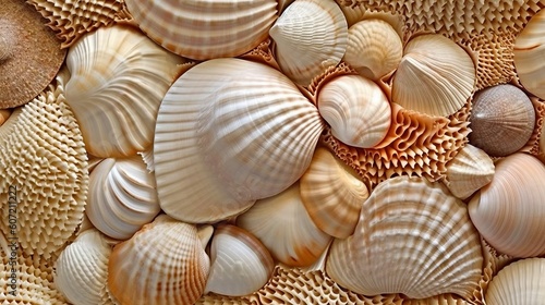 A vibrant collection of seashells up close. Generative AI