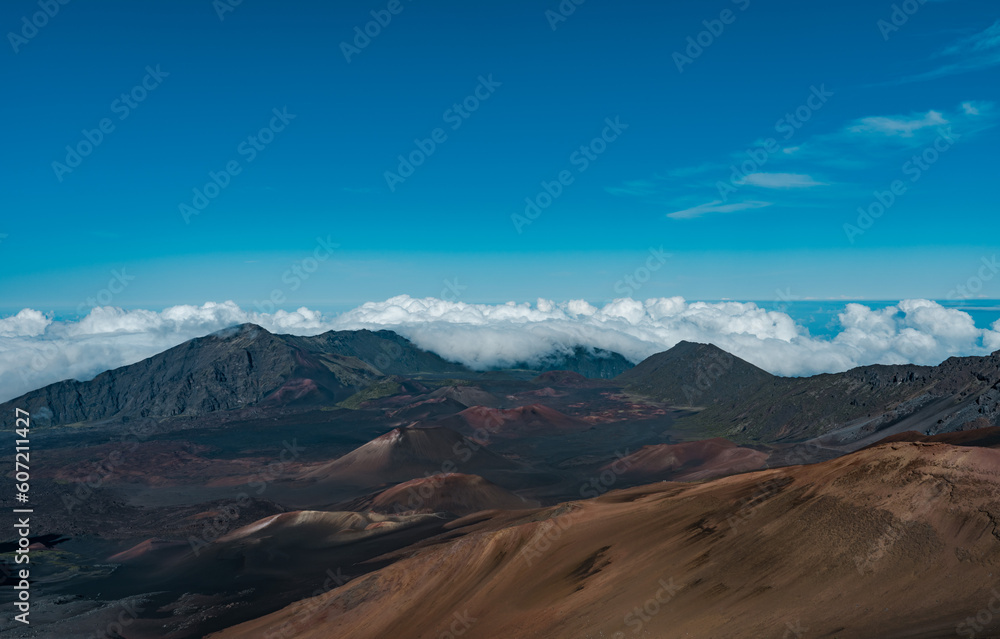 Haleakala National Park, Maui, Hawaii. Shield volcano. Cinder cone. Volcanic cones are among the simplest volcanic landforms. They are built by ejecta from a volcanic vent.

