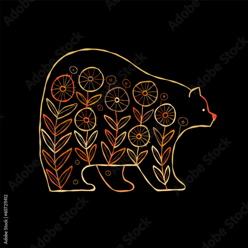 Bear character with abstract Floral Ornament isolated on black