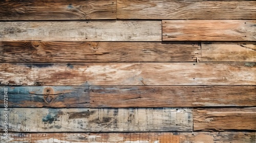 A weathered wooden wall with peeling paint in close-up. Generative AI