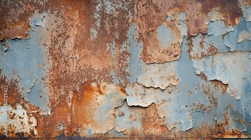 A weathered and distressed metal texture with chipped paint. Generative AI