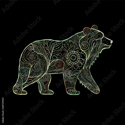 Bear character with abstract Floral Ornament isolated on black