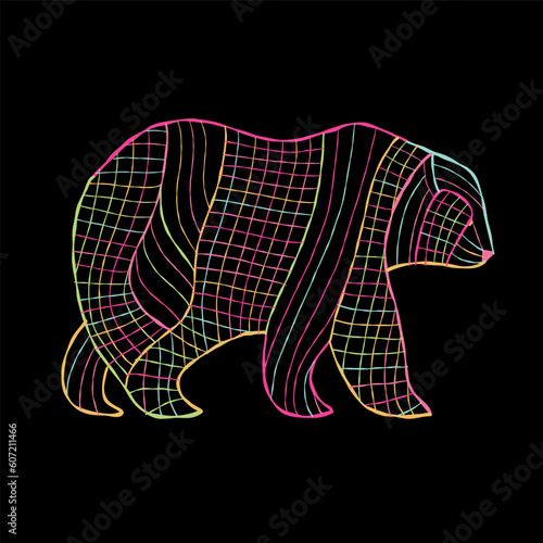 Bear character with stripe and plaid abstract ornament isolated on black