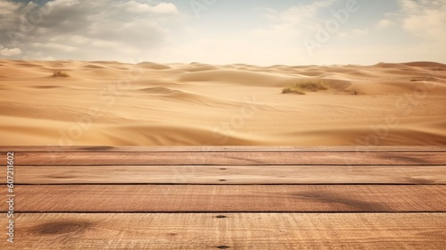 A wooden table in the middle of a desert. Generative AI