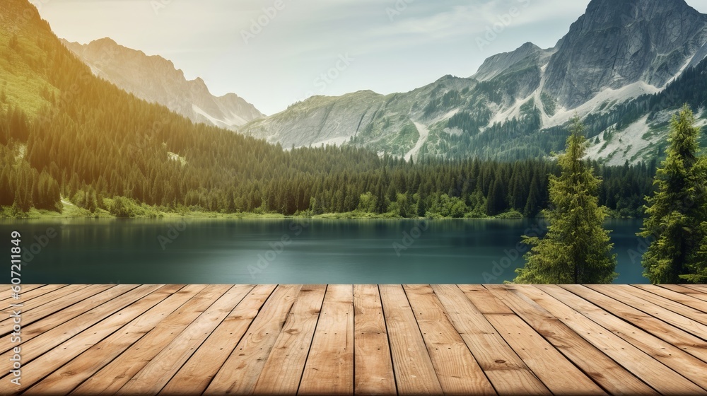 A wooden deck with a mountain lake in the background. Generative AI