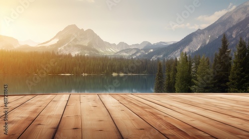 An empty wooden deck overlooking a mountain lake. Generative AI © Cloudyew