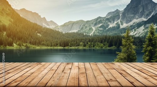 A wooden deck with a mountain lake in the background. Generative AI