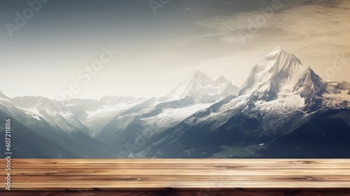A wooden table with a view of a mountain range. Generative AI