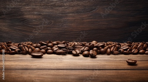 A pile of coffee beans sitting on top of a wooden table. Generative AI