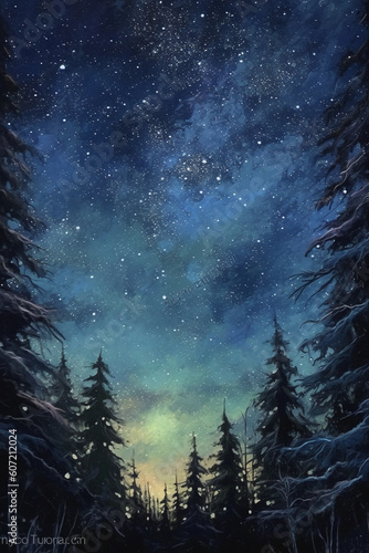 An oil painting of abottom up view of the textured nightime sky with twinkly stars. AI generative © SANGHYUN