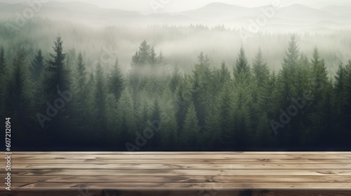A wooden table with a view of a forest. Generative AI