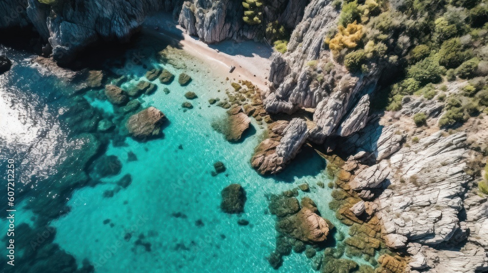 A stunning bird's eye view of a serene and crystal-clear blue water. Generative AI