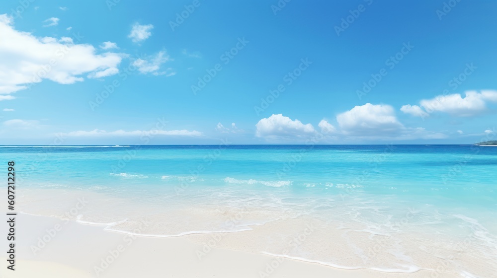 A tranquil beach with crystal clear water and fluffy clouds in the sky. Generative AI