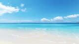 A tranquil beach with crystal clear water and fluffy clouds in the sky. Generative AI