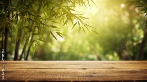 A wooden table top with a bamboo tree in the background. Generative AI