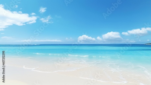 A tranquil beach with crystal clear water and fluffy clouds in the sky. Generative AI © Cloudyew