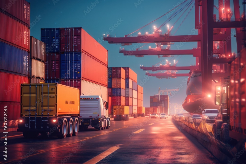 A commercial truck driving alongside shipping containers on a busy street. Generative AI Stock