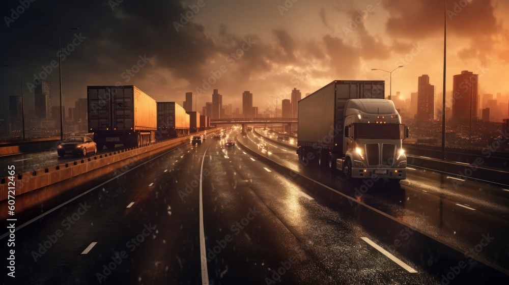 A big rig truck driving down a city highway surrounded by skyscrapers. Generative AI A big rig truck driving down a city highway surrounded by skyscrapers. Generative AI