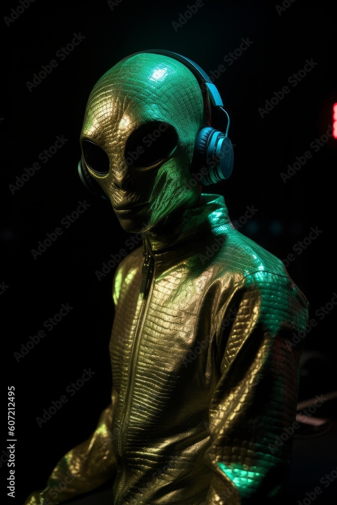 An alien dressed up for a night out at a club or bar. Generative AI. An alien dressed up for a night out at a club or bar. Generative AI.