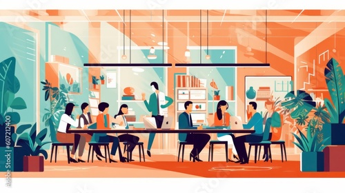 Illustration a group of businessmen in a modern office environment, highlighting their synergy as they work together on a project. Generative AI.