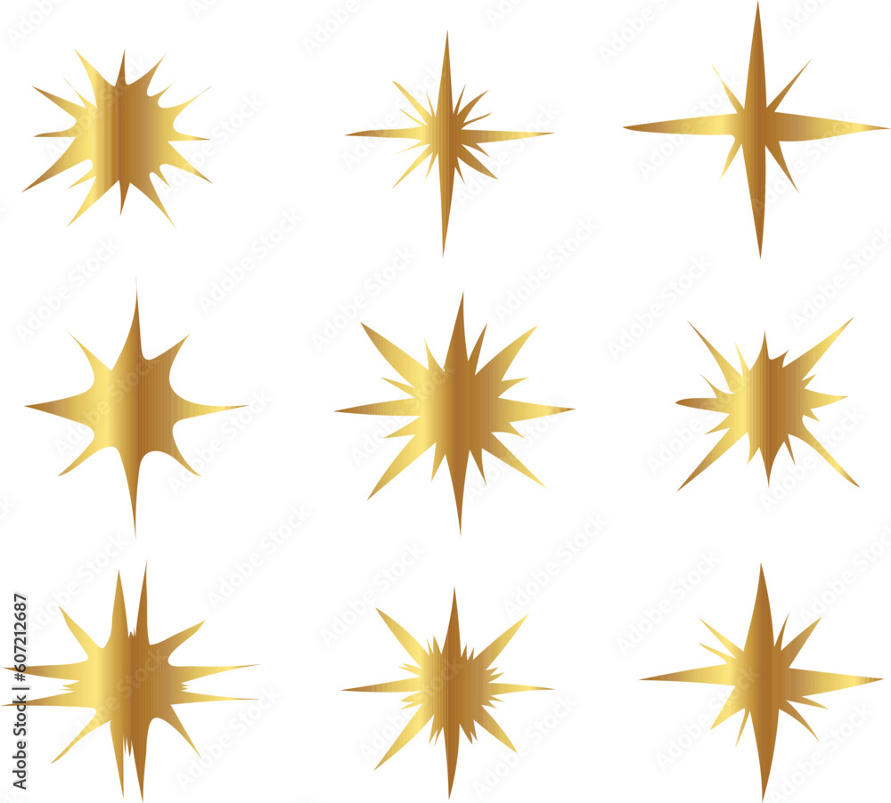 set of stars. Gold sparkling star set vector set of stars. Gold sparkling star set vector