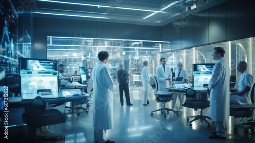 Scientists in lab coats standing together in a laboratory. Generative AI