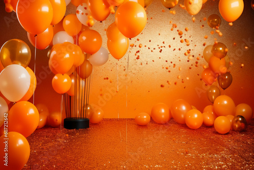 An orange balloon themed photography backdrop. AI generative