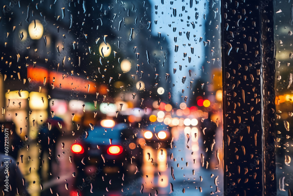 Photograph of busy city street, taken at dusk on a rainy day, water beading on glass, camera focus on window. AI generative - obrazy, fototapety, plakaty 