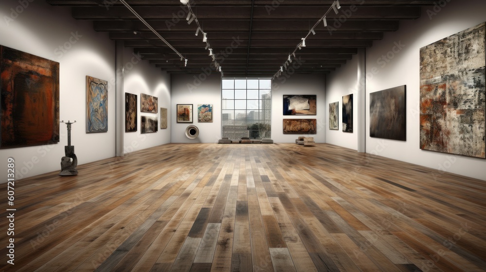 Spacious art gallery filled with vibrant paintings on display. Generative AI