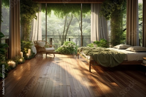 A bedroom with natural wooden flooring and lush green plants as decoration. Generative AI © Cloudyew