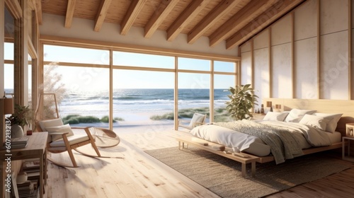 A luxurious oceanfront bedroom with stunning views of the sea. Generative AI © Cloudyew