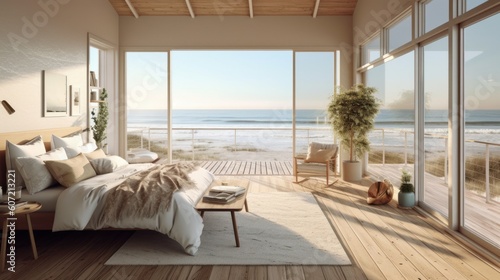 Serene bedroom with a breathtaking ocean view. Generative AI © Cloudyew
